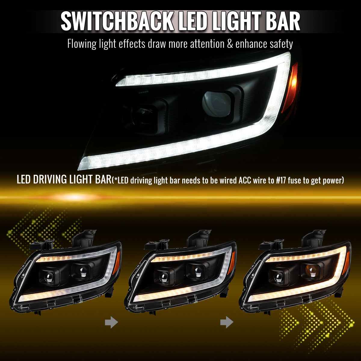 2015-2022 Chevrolet Colorado Projector Headlights w/ LED DRL Light Strip Sequential Turn Signal and Side Marker (Black Housing / Clear Lens)