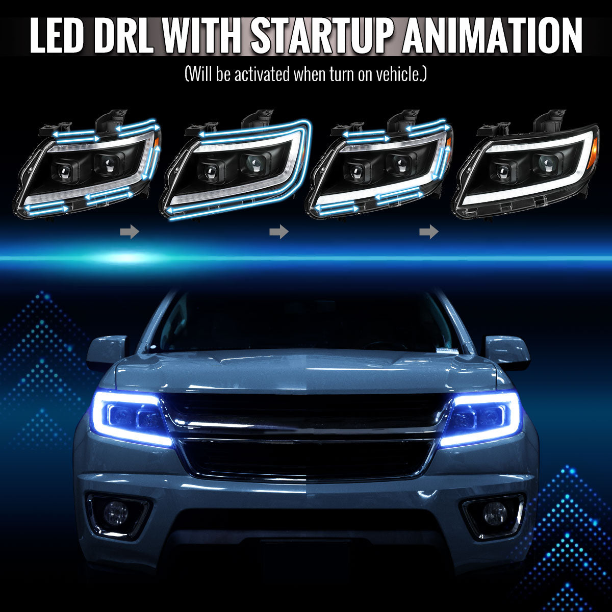 2015-2022 Chevrolet Colorado Projector Headlights w/ LED DRL Light Strip Sequential Turn Signal and Side Marker (Black Housing / Clear Lens)