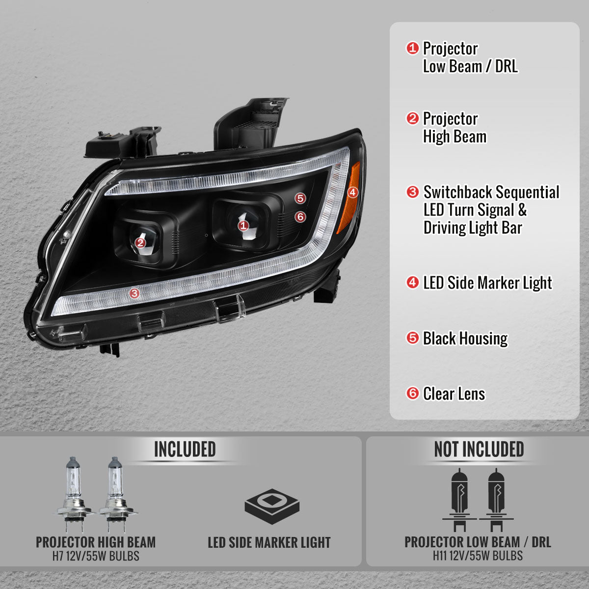 2015-2022 Chevrolet Colorado Projector Headlights w/ LED DRL Light Strip Sequential Turn Signal and Side Marker (Black Housing / Clear Lens)