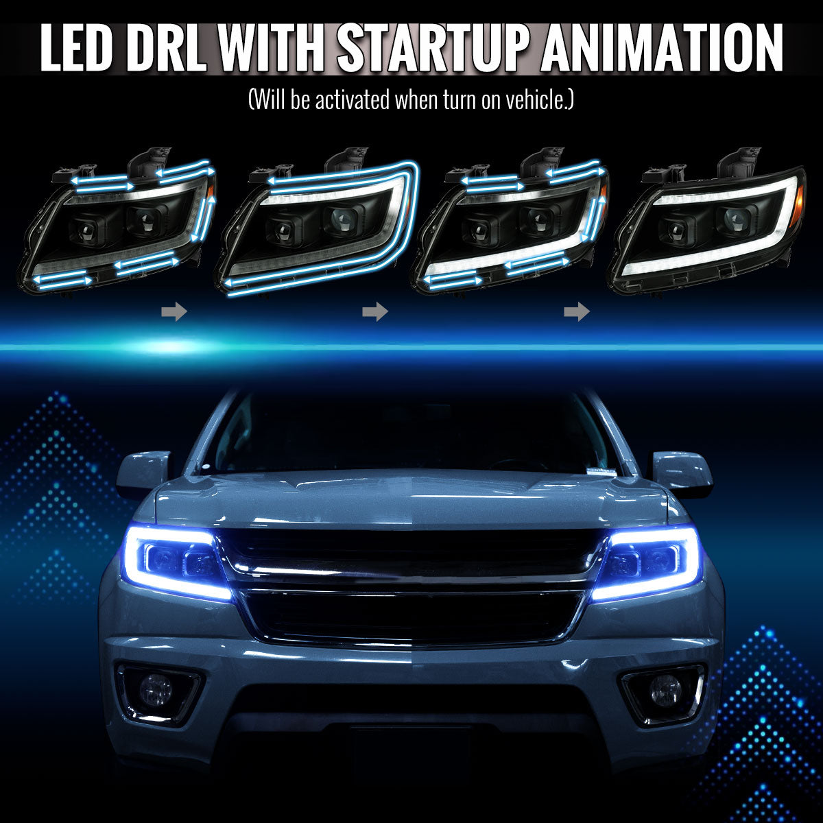 2015-2022 Chevrolet Colorado Projector Headlights w/ LED DRL Light Strip Sequential Turn Signal and Side Marker (Black Housing / Smoked Lens)