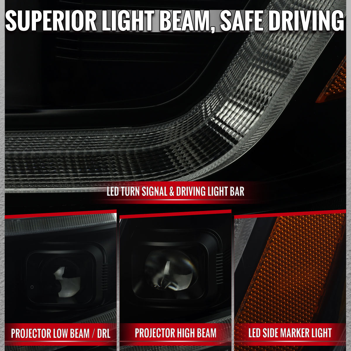 2015-2022 Chevrolet Colorado Projector Headlights w/ LED DRL Light Strip Sequential Turn Signal and Side Marker (Black Housing / Smoked Lens)