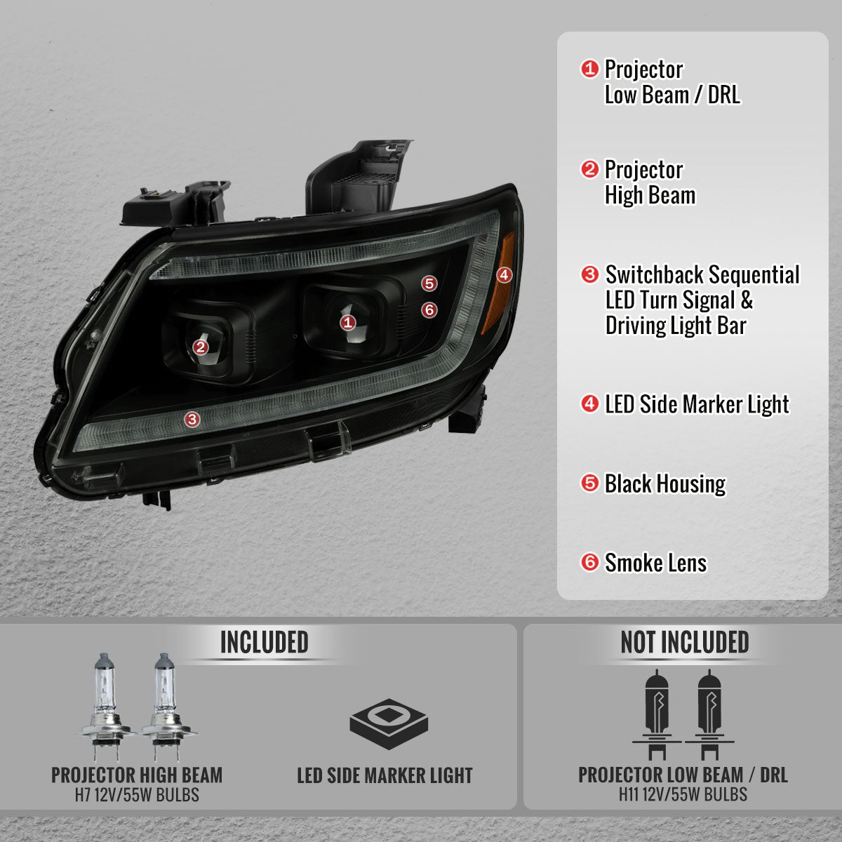 2015-2022 Chevrolet Colorado Projector Headlights w/ LED DRL Light Strip Sequential Turn Signal and Side Marker (Black Housing / Smoked Lens)