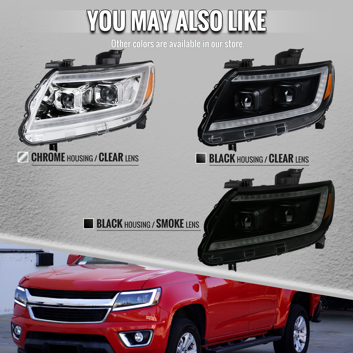2015-2022 Chevrolet Colorado Projector Headlights w/ LED DRL Light Strip Sequential Turn Signal and Side Marker (Black Housing / Smoked Lens)