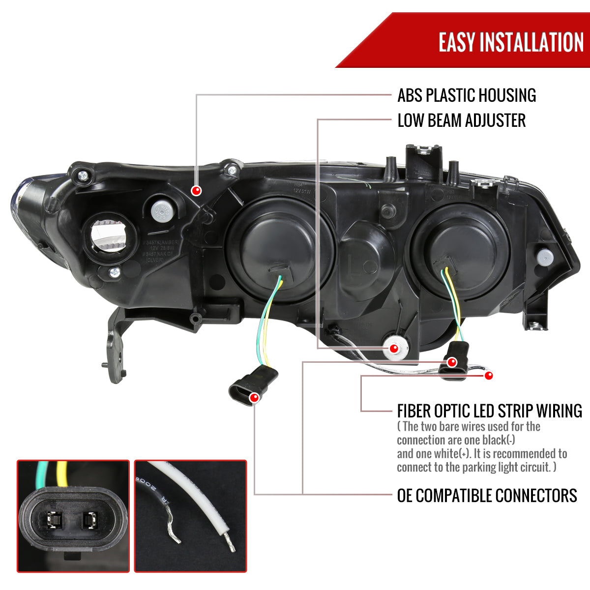 2006-2011 Honda Civic Coupe Projector Headlights w/ LED Light Strips (Matte Black Housing/Clear Lens)