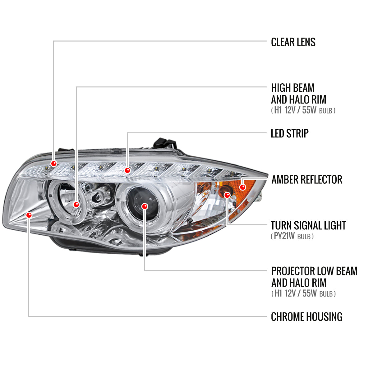 2004-2013 BMW E81 E82 E87 E88 Dual Halo Projector Headlights w/ LED Light Strip (Chrome Housing/Clear Lens)