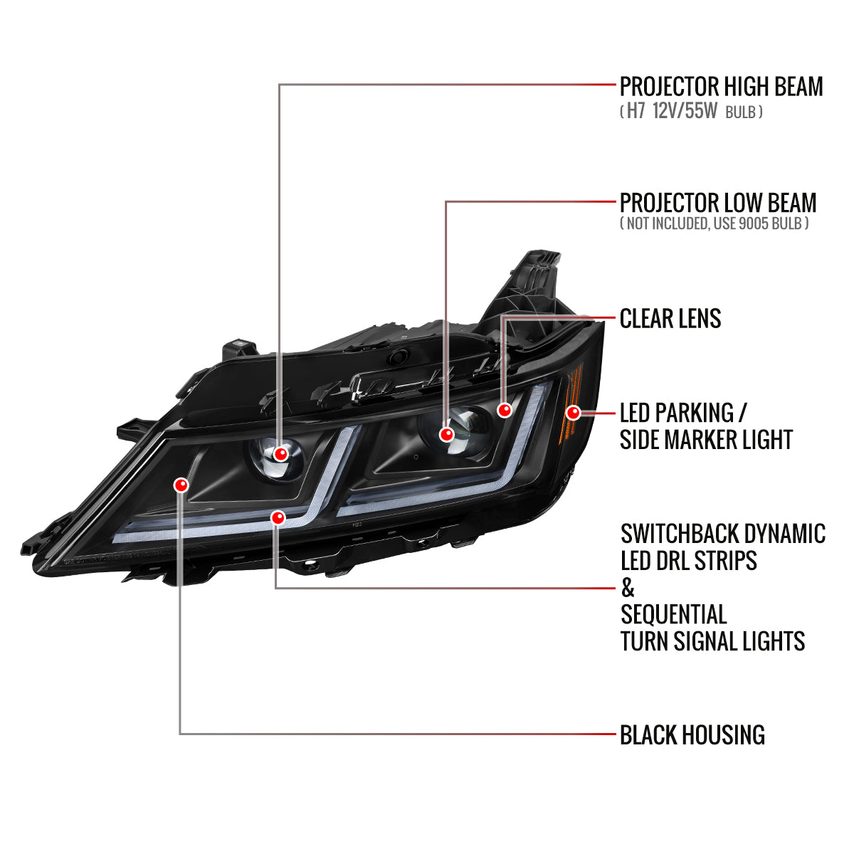 2014-2020 Chevy Impala LED DRL Sequential Projector Headlights (Matte Black Housing / Clear Lens)