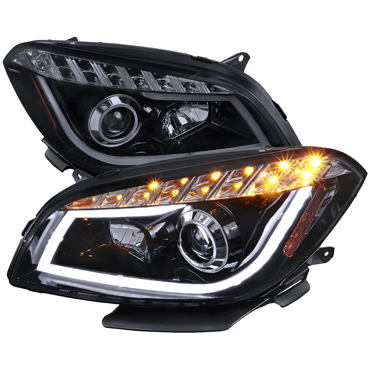 2008-2012 Chevrolet Malibu LS LT LTZ Hybrid LED Bar Projector Headlights w/ LED Turn Signal Lights (Glossy Black Housing/Smoked Lens)