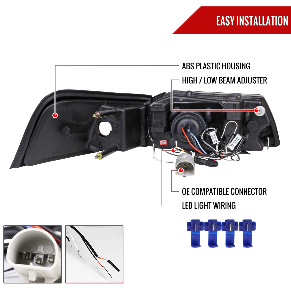 1999-2004 Ford Mustang Dual Halo Projector Headlights (Chrome Housing/Clear Lens)