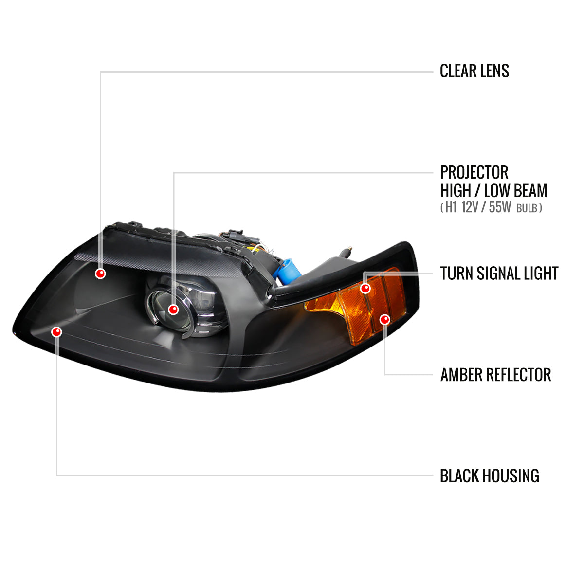 1999-2004 Ford Mustang Projector Headlights w/ Amber Reflectors (Matte Black Housing/Clear Lens)