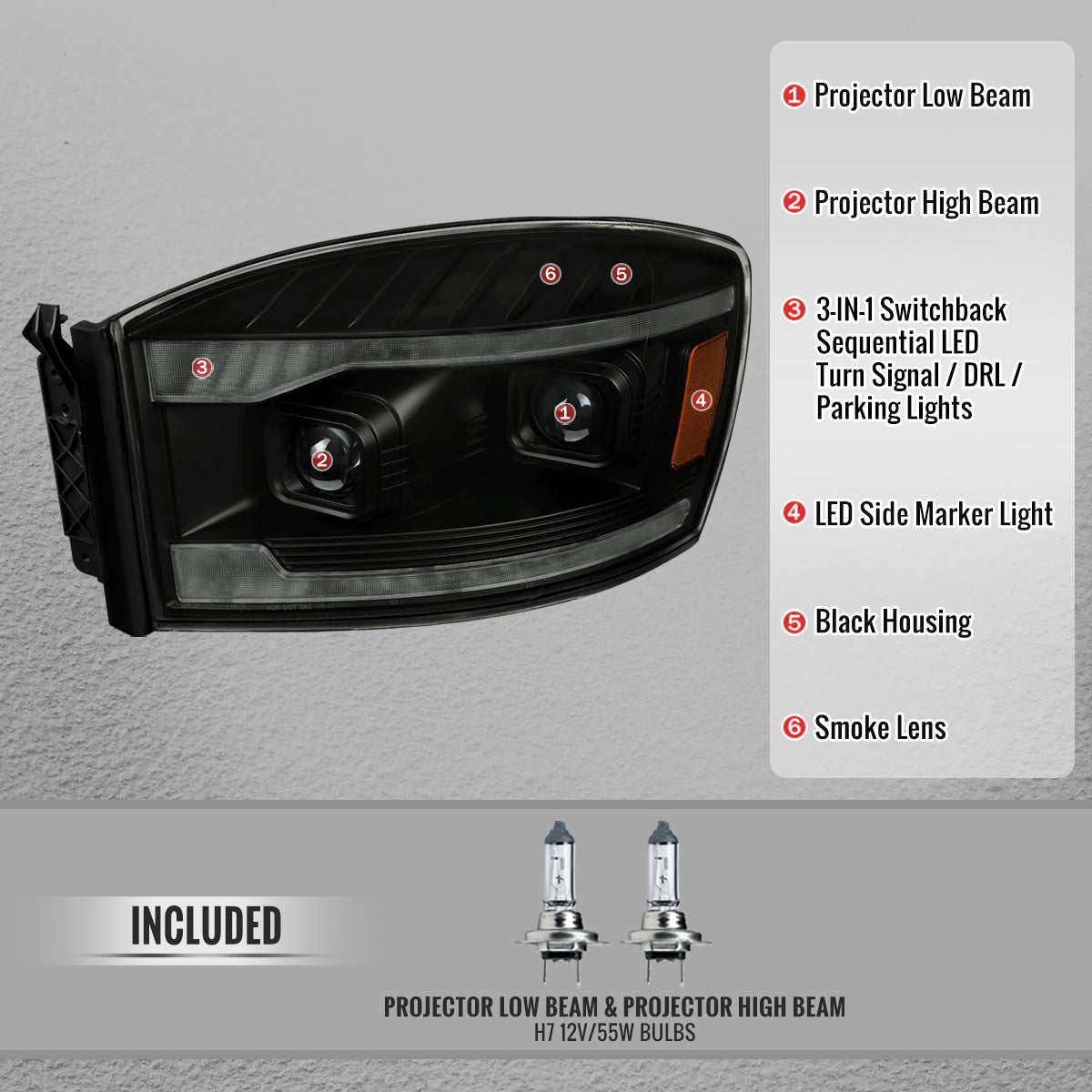 2006–2008 Dodge RAM 1500 / 2006–2009 RAM 2500 3500 Projector Headlights with Switchback LED Strips, Sequential Turn Signals, DRL & Startup Animation (Black Housing / Smoked Lens)