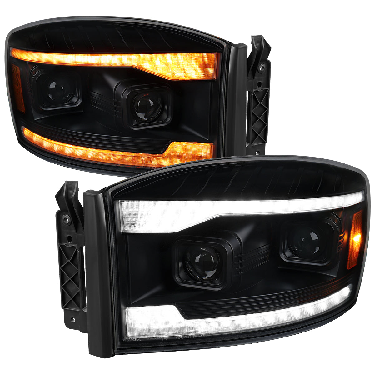 2006–2008 Dodge RAM 1500 / 2006–2009 RAM 2500 3500 Projector Headlights with Switchback LED Strips, Sequential Turn Signals, DRL & Startup Animation (Black Housing / Smoked Lens)