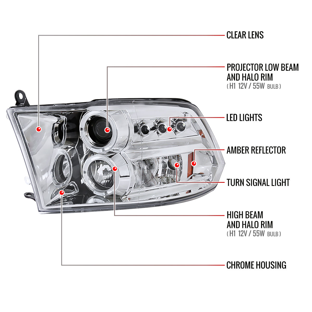 2009-2018 Dodge RAM 1500 / 2019-2021 RAM Classic / 2010-2018 RAM 2500 3500 Dual Halo Projector Headlights (Chrome Housing/Clear Lens)