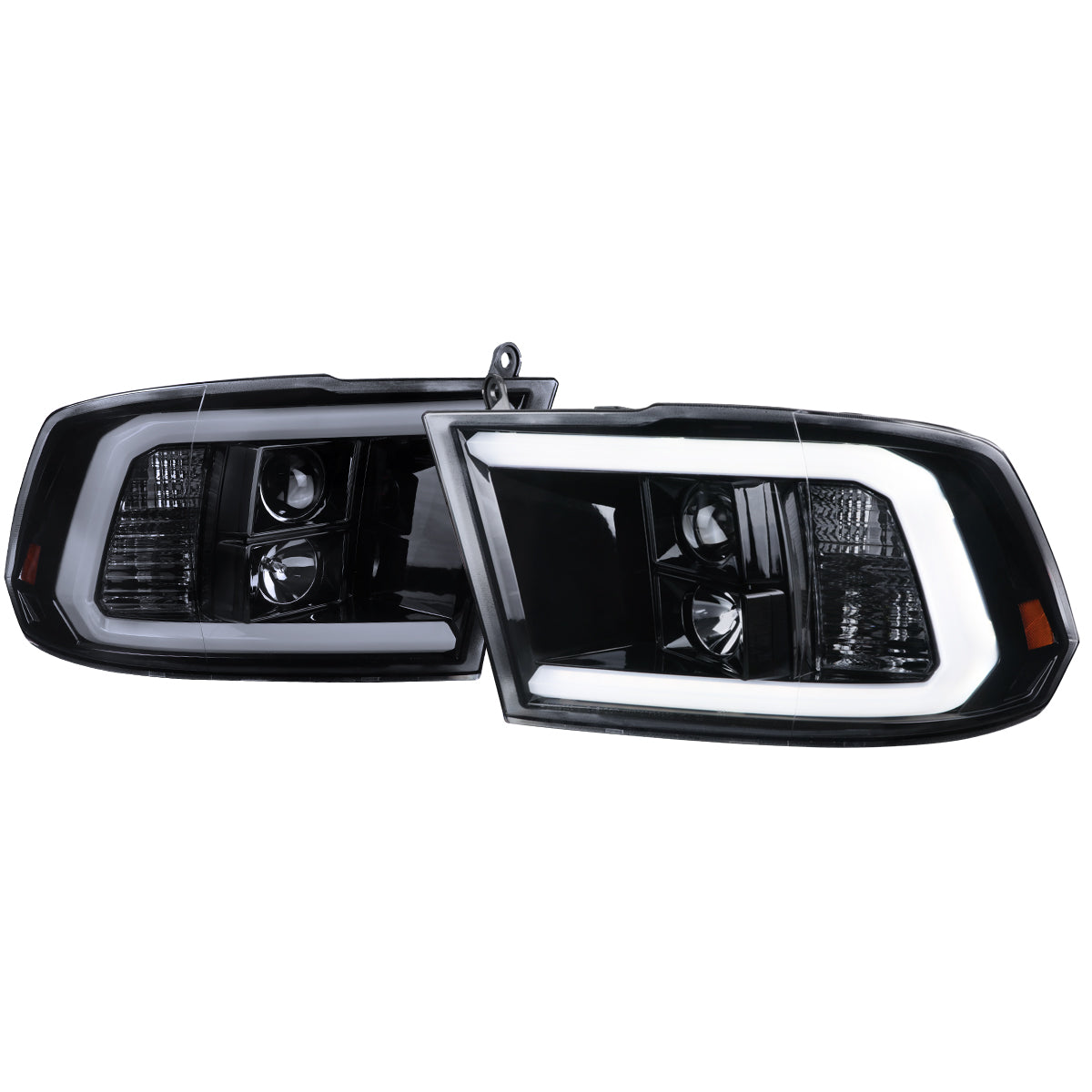 2009-2018 Dodge RAM 1500 / 2019-2021 RAM Classic / 2010-2018 2500 3500 LED C-Bar Projector Headlights (Glossy Black Housing/Smoked Lens)