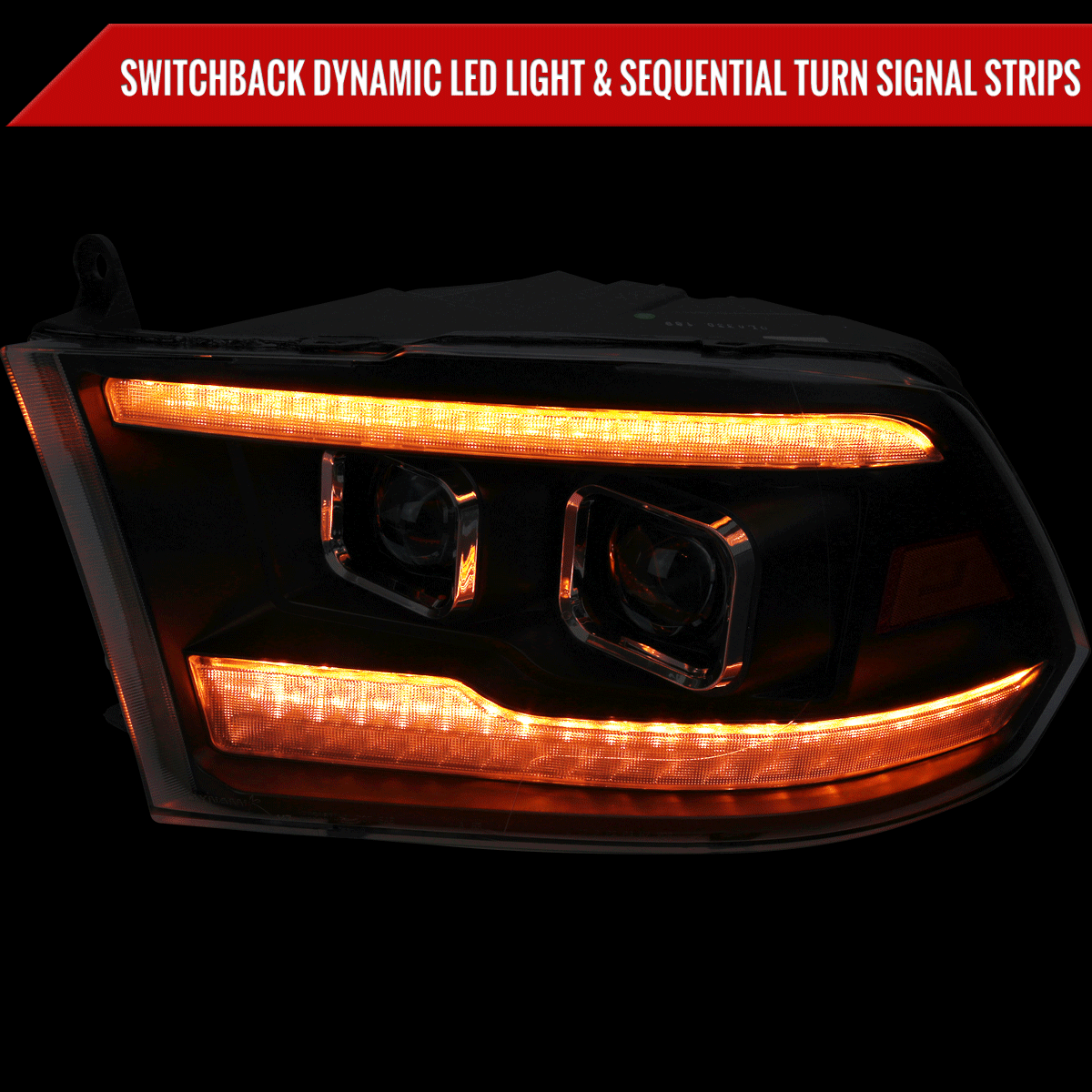 2009-2018 Dodge RAM 1500 / 2019-2021 RAM Classic / 2010-2018 RAM 2500 3500 Switchback Sequential Projector Headlights (Matte Black Housing/Clear Lens)