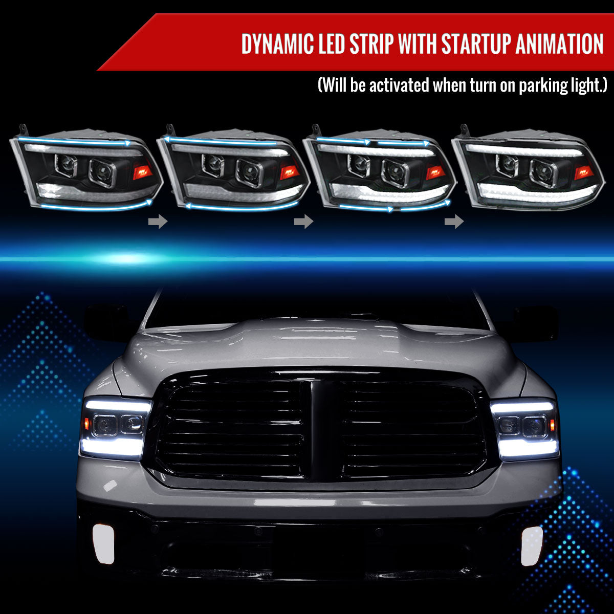 2009-2018 Dodge RAM 1500 / 2019-2021 RAM Classic / 2010-2018 RAM 2500 3500 Switchback Sequential Projector Headlights (Matte Black Housing/Clear Lens)