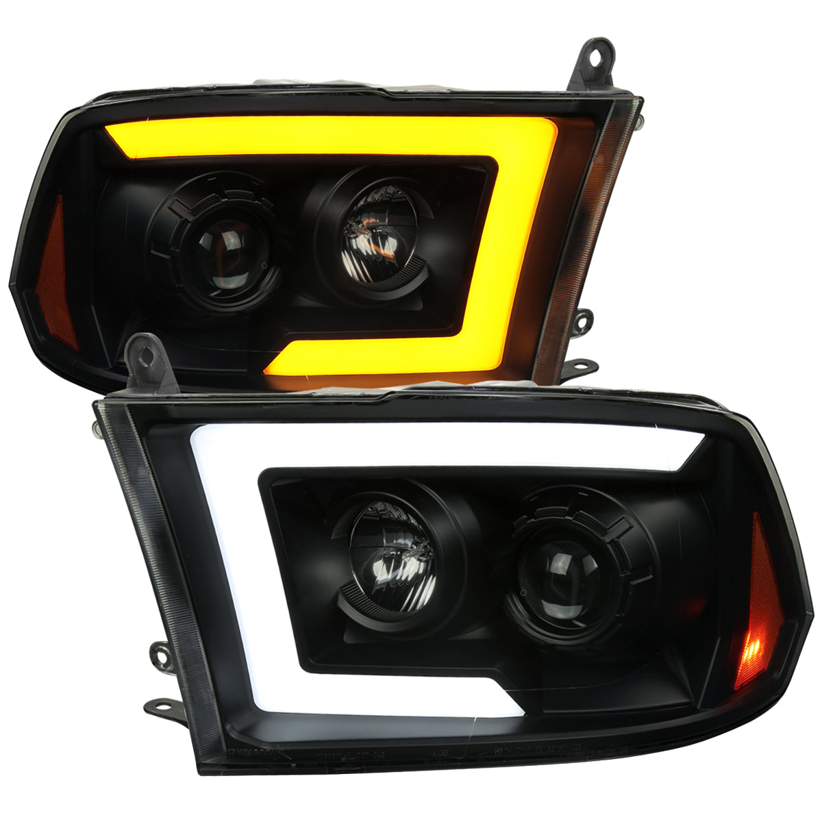 2009-2018 Dodge RAM 1500 / 2019-2021 RAM Classic/ 2010-2018 RAM 2500 3500 Switchback Sequential LED C-Bar Projector Headlights (Black Housing/Smoked Lens)