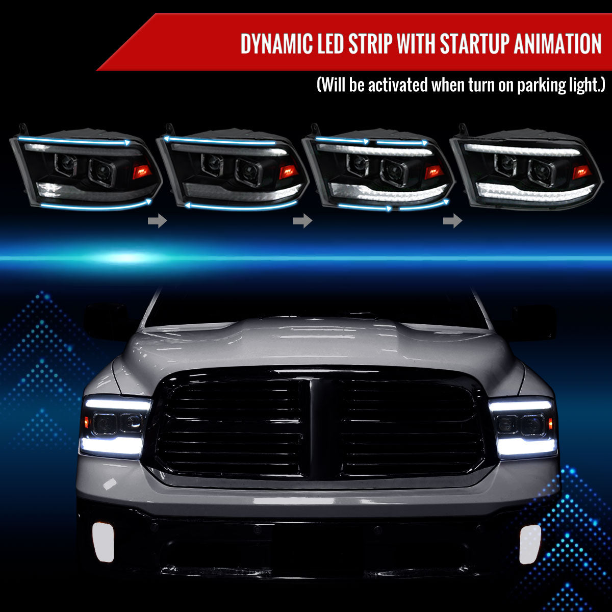 2009-2018 Dodge RAM 1500 / 2019-2021 RAM Classic / 2010-2018 RAM 2500 3500 Switchback Sequential Projector Headlights (Matte Black Housing/Smoked Lens)