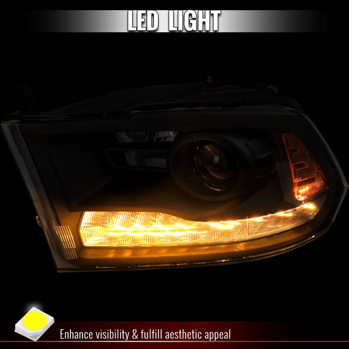 2013-2018 Ram 1500 2500 3500 LED Bar Projector Headlights (Matte Black Housing/Clear Lens)