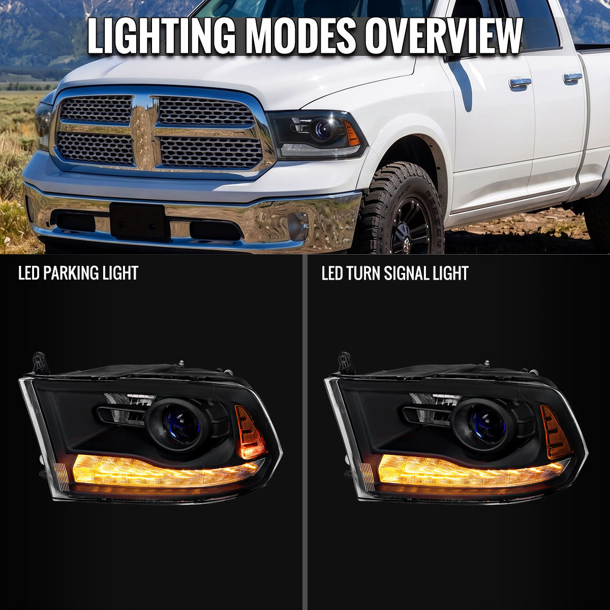 2013-2018 Ram 1500 2500 3500 LED Bar Projector Headlights (Matte Black Housing/Clear Lens)
