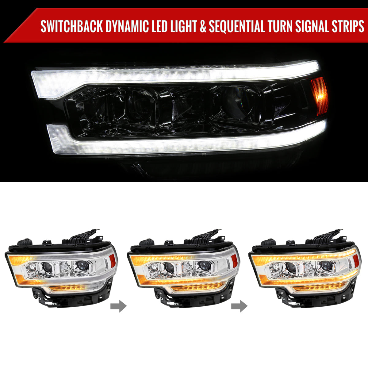 2019-2024 Dodge RAM 2500/3500/4500/5500 Switchback Sequential LED Turn Signal Projector Headlights (Chrome Housing/Clear Lens)