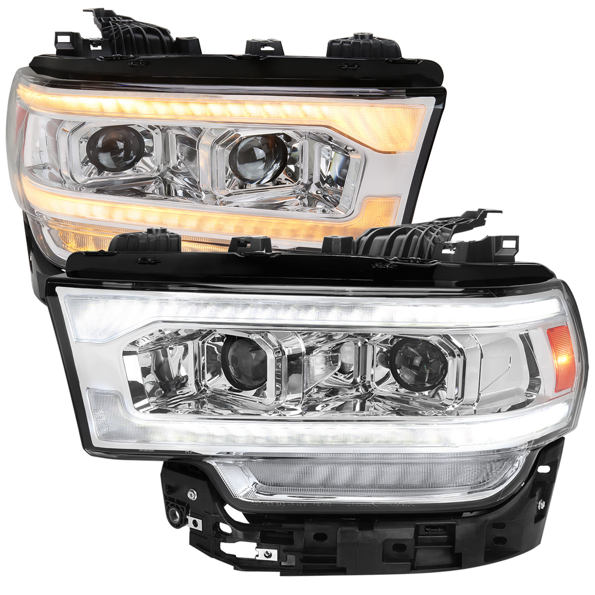 2019-2024 Dodge RAM 2500/3500/4500/5500 Switchback Sequential LED Turn Signal Projector Headlights (Chrome Housing/Clear Lens)