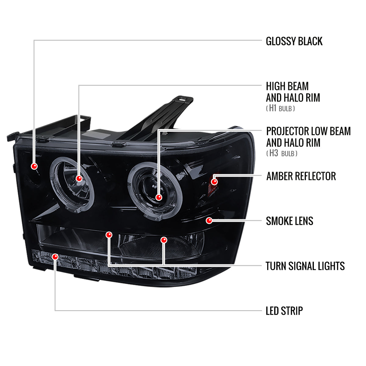 2007-2014 GMC Sierra SMD Dual Halo Projector Headlights (Glossy Black Housing/Smoked Lens)