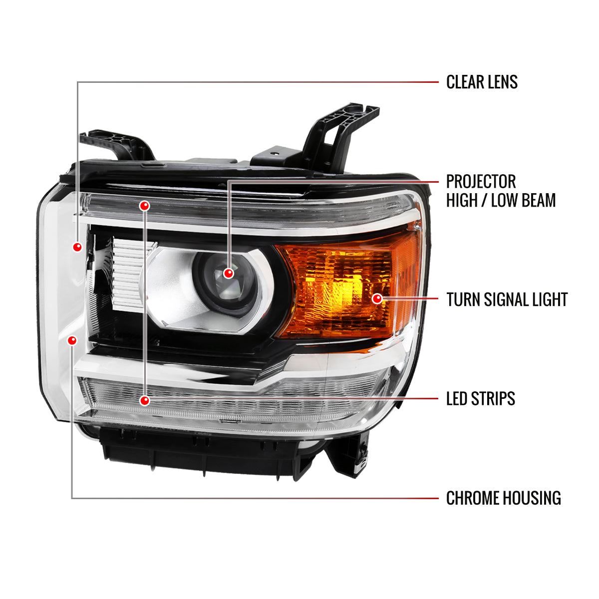 2014-2019 GMC Sierra LED Light Strip Projector Headlights (Chrome Housing/Clear Lens)