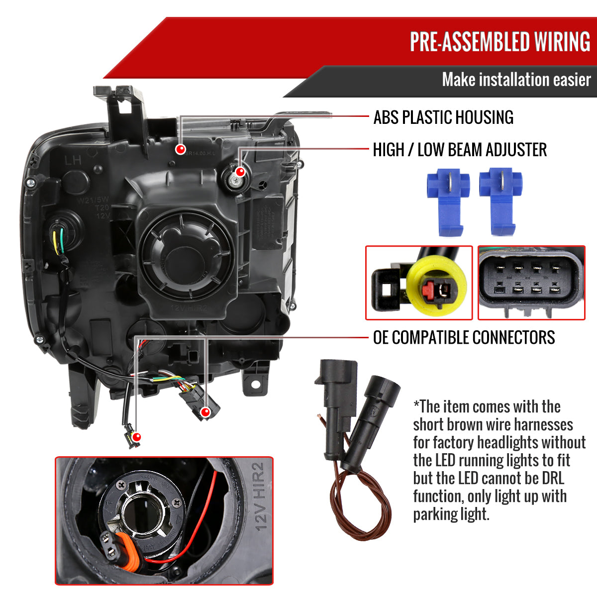 2014-2019 GMC Sierra LED Light Strip Projector Headlights (Matte Black Housing/Clear Lens)