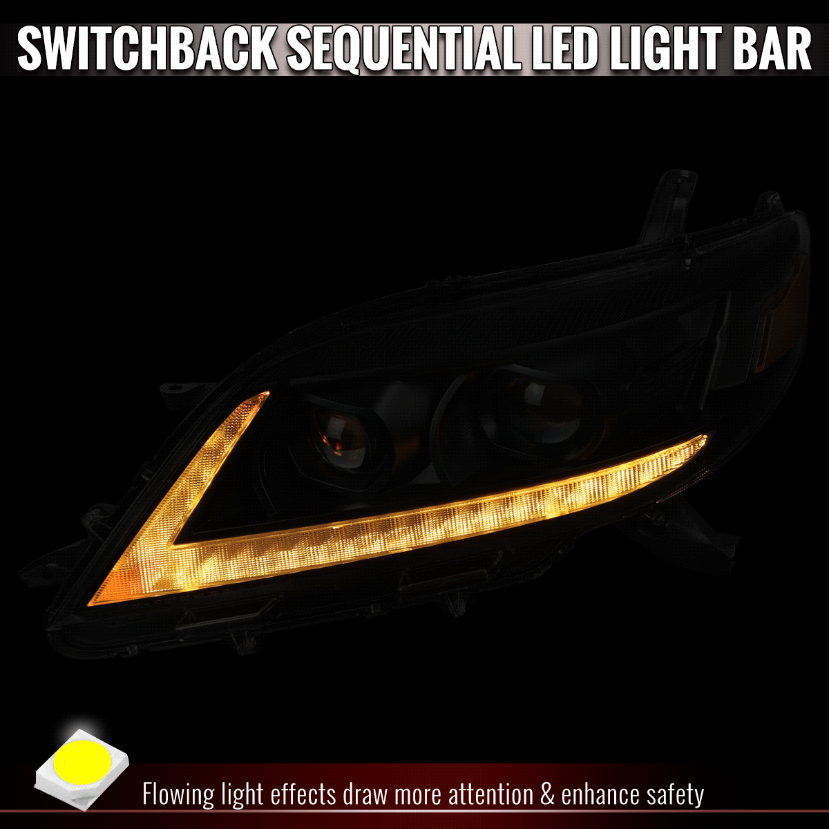 2011-2020 Toyota Sienna Switchback Sequential LED Bar Projector Headlights (Black Housing / Smoked Lens)