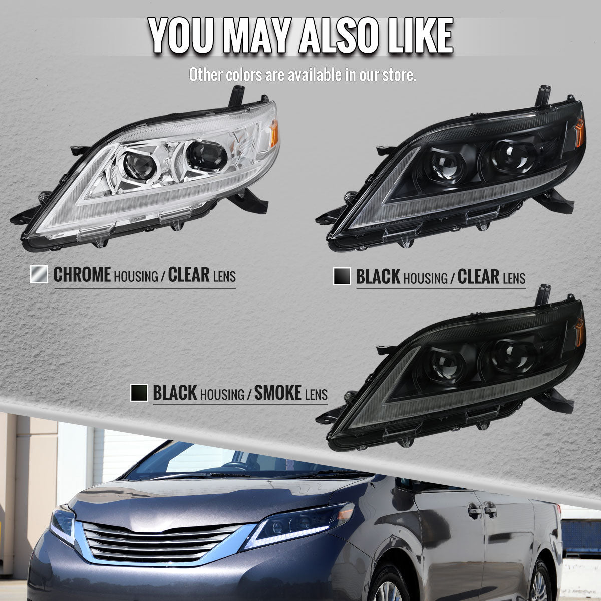 2011-2020 Toyota Sienna Switchback Sequential LED Bar Projector Headlights (Black Housing / Smoked Lens)