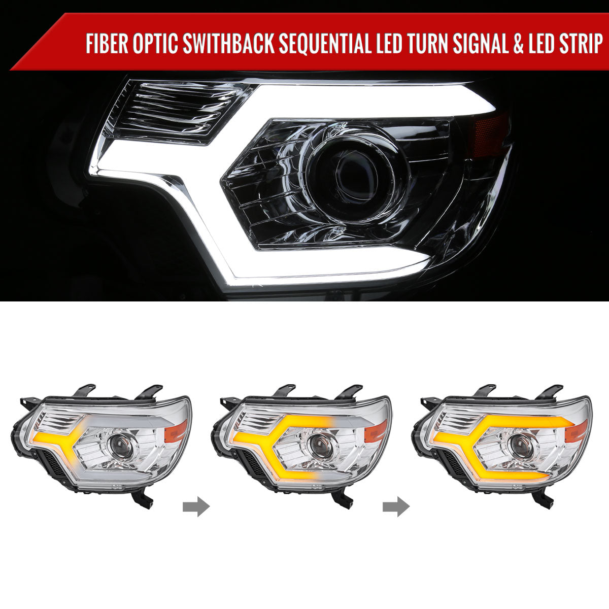 2012-2015 Toyota Tacoma Switchback Sequential LED Bar Projector Headlights (Chrome Housing/Clear Lens)
