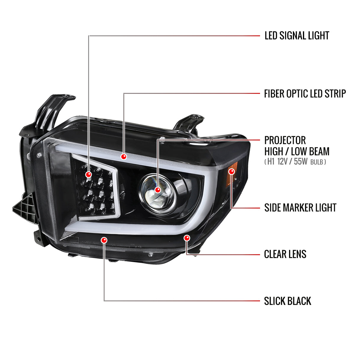 2014-2021 Toyota Tundra LED C-Bar Projector Headlights w/ LED Turn Signal Lights (Glossy Black Housing/Clear Lens)