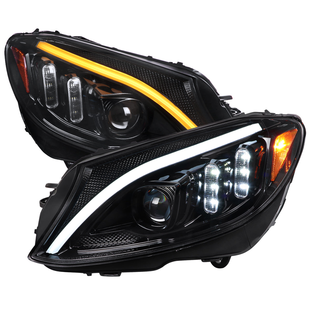 2015-2018 Mercedes-Benz C-Class W205 Switchback Sequential Turn Signal Projector Headlights (Jet Black Housing/Clear Lens)