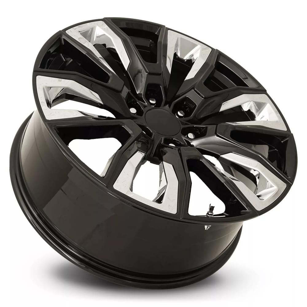 FR 207 - GM SPLIT 6 SPOKE REPLICA WHEEL-Gloss Black with Chrome Inserts 24x10 6x5.5 + 31 HB 78.1