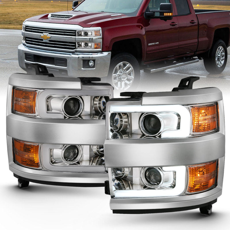 ANZO 2015-2016 Chevrolet Silverado Projector Headlights w/ Plank Style Design Chrome w/ Amber-SR1 Performance