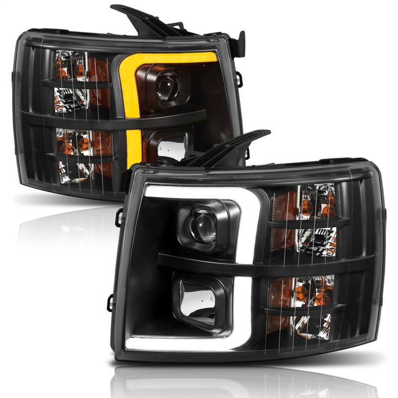 ANZO 07-13 Chevrolet Silverado 1500 Plank Style Projector Headlights Black w/ Amber-SR1 Performance