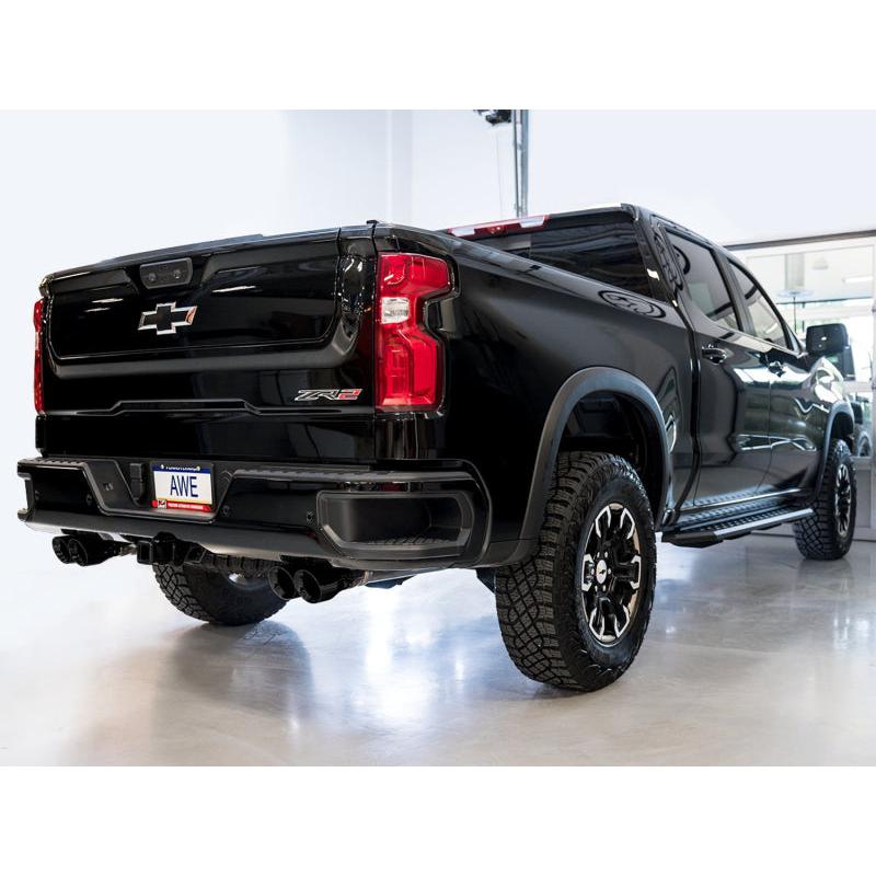 AWE Tuning 22-23 GMC Sierra 1500 AT4X 6.2L 0FG Catback Split Dual (Flat Bumper) - Diamond Black Tips-SR1 Performance