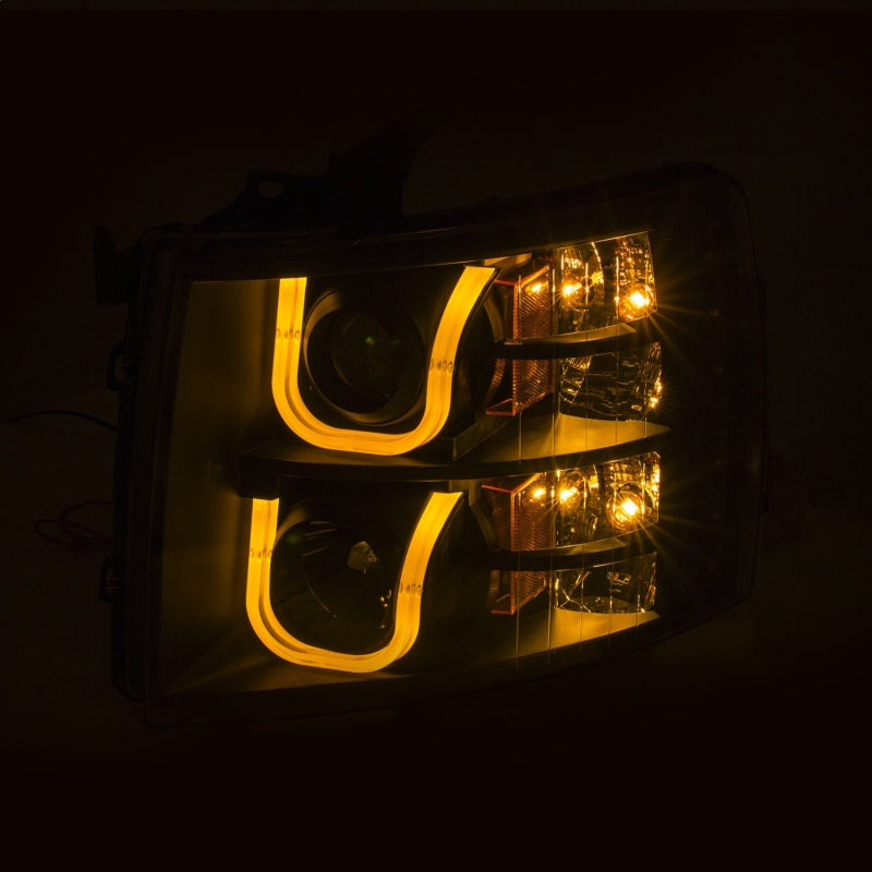 ANZO 2007-2013 Chevrolet Silverado 1500/2500 Projector Headlights w/ U-Bar Switchback Black w/ Amber-SR1 Performance
