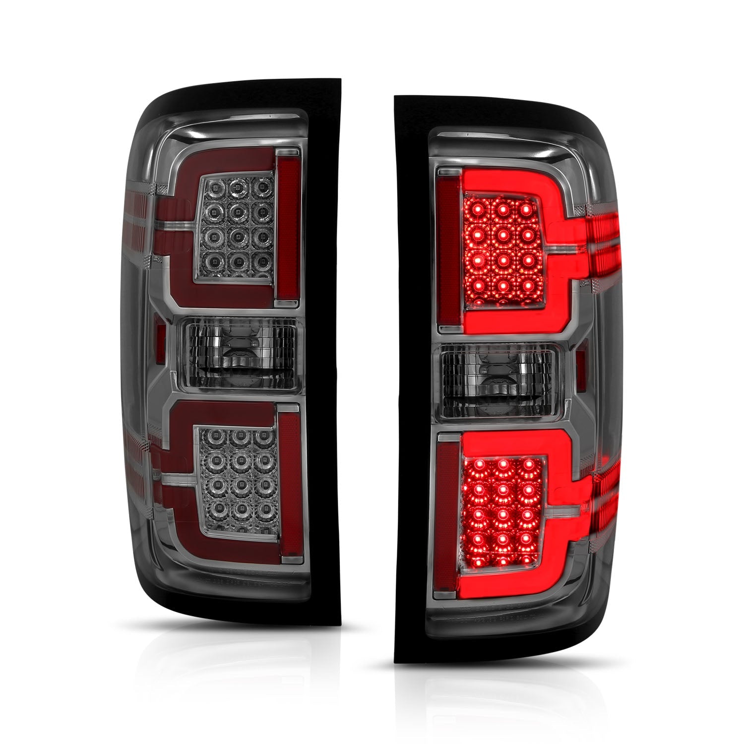 CHEVY SILVERADO 14-18 1500 / 15-19 2500HD/3500HD / GMC SIERRA 15-19 2500HD/3500HD DUALLY LED LIGHT BAR STYLE TAIL LIGHTS CHROME SMOKE LENS (SEQUENTIAL SIGNAL)(NON-OEM LED ONLY)