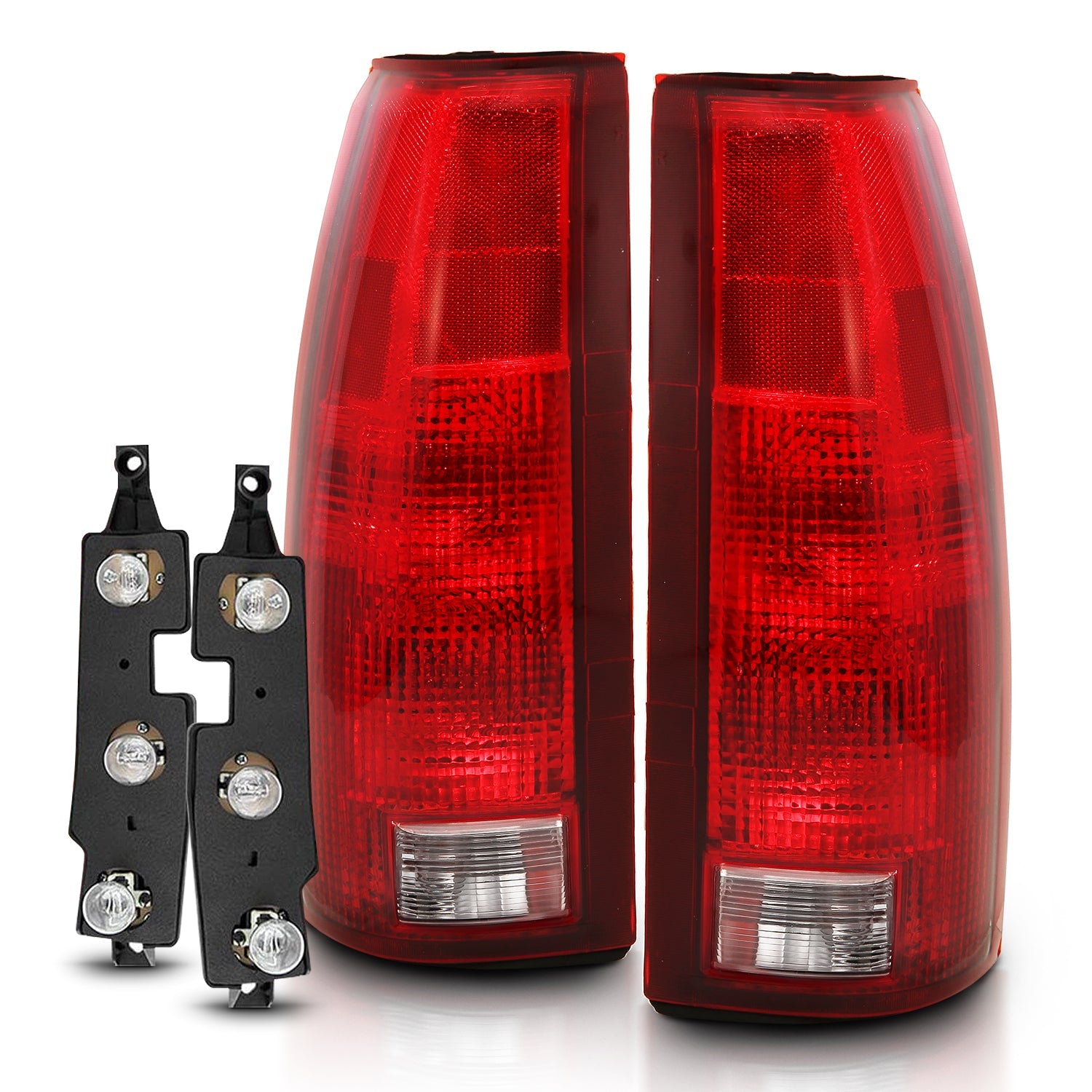 CHEVY/GMC C/K 1500/2500 88-98 / C/K 3500 88-00 / SUBURBAN 92-99 / TAHOE 95-99 / BLAZER (FULL SIZE) 92-94 / YUKON 92-99 / CADILLAC ESCALADE 99-00 TAIL LIGHTS CHROME RED/CLEAR LENS W/ CIRCUIT BOARD (OE TYPE)