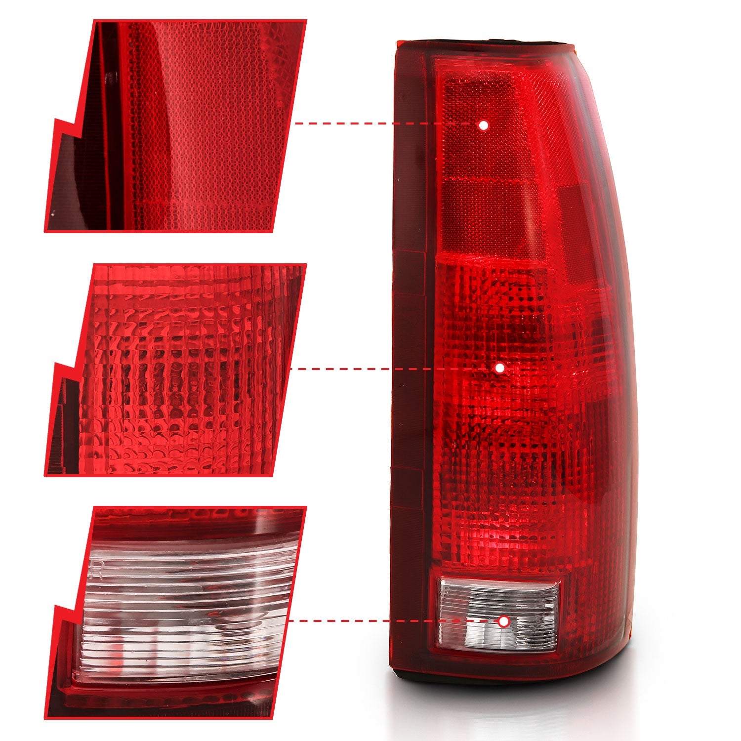 CHEVY/GMC C/K 1500/2500 88-98 / C/K 3500 88-00 / SUBURBAN 92-99 / TAHOE 95-99 / BLAZER (FULL SIZE) 92-94 / YUKON 92-99 / CADILLAC ESCALADE 99-00 TAIL LIGHTS CHROME RED/CLEAR LENS W/ CIRCUIT BOARD (OE TYPE)