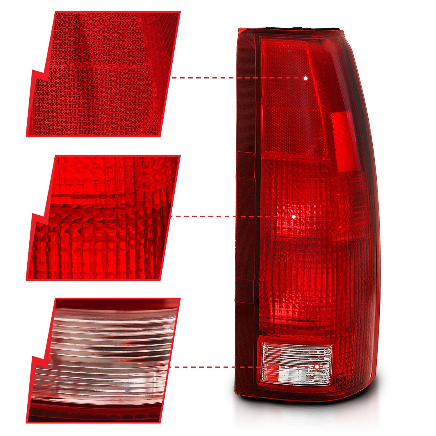 CHEVY/GMC C/K 1500/2500 88-98 / C/K 3500 88-00 / SUBURBAN 92-99 / TAHOE 95-99 / BLAZER (FULL SIZE) 92-94 / YUKON 92-99 / CADILLAC ESCALADE 99-00TAIL LIGHTS CHROME RED/CLEAR LENS (OE TYPE)