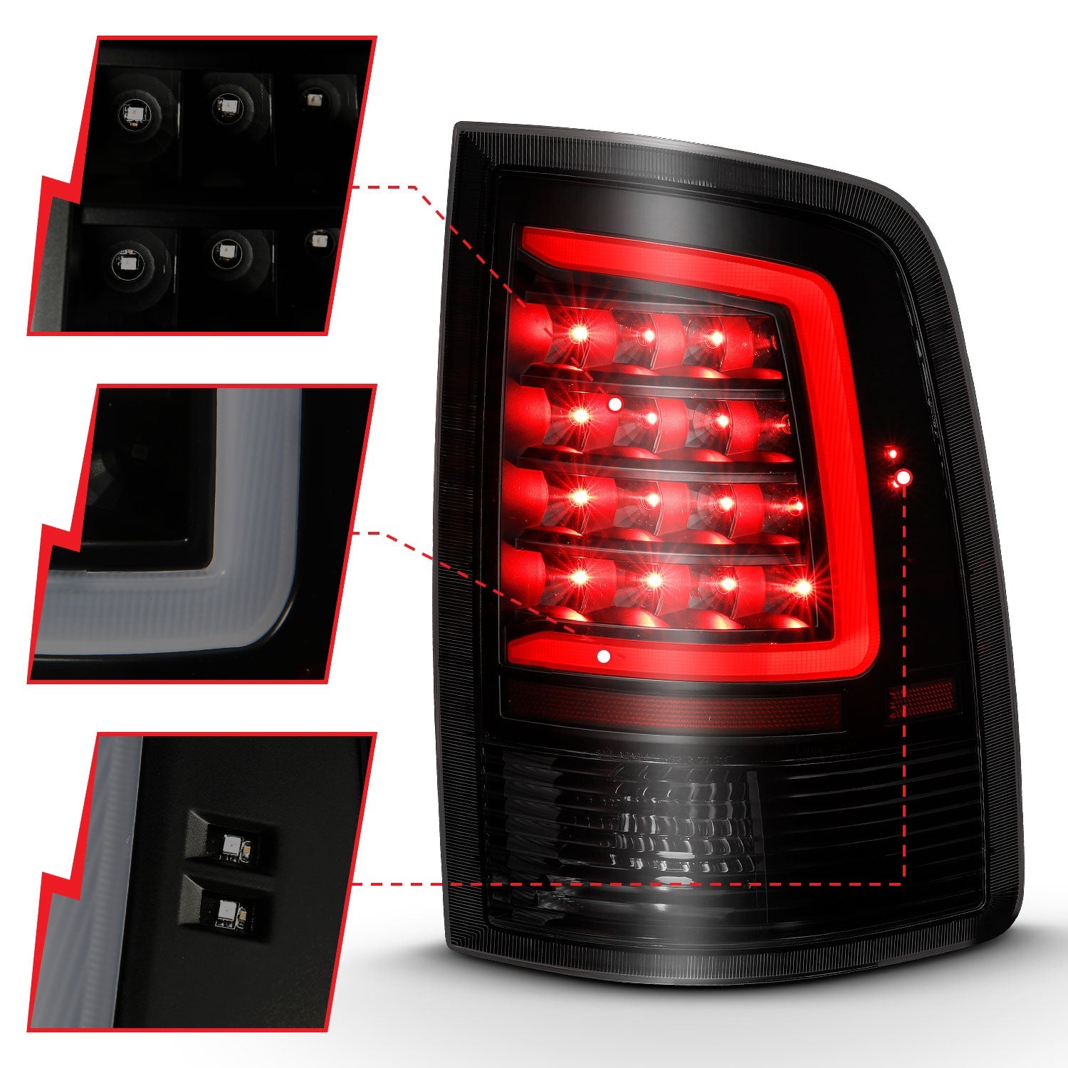 DODGE RAM 1500 09-18 / 2500 3500 10-18 LED C BAR TAIL LIGHTS BLACK SMOKE LENS (NOT FOR OE LED TAIL LIGHT MODELS)