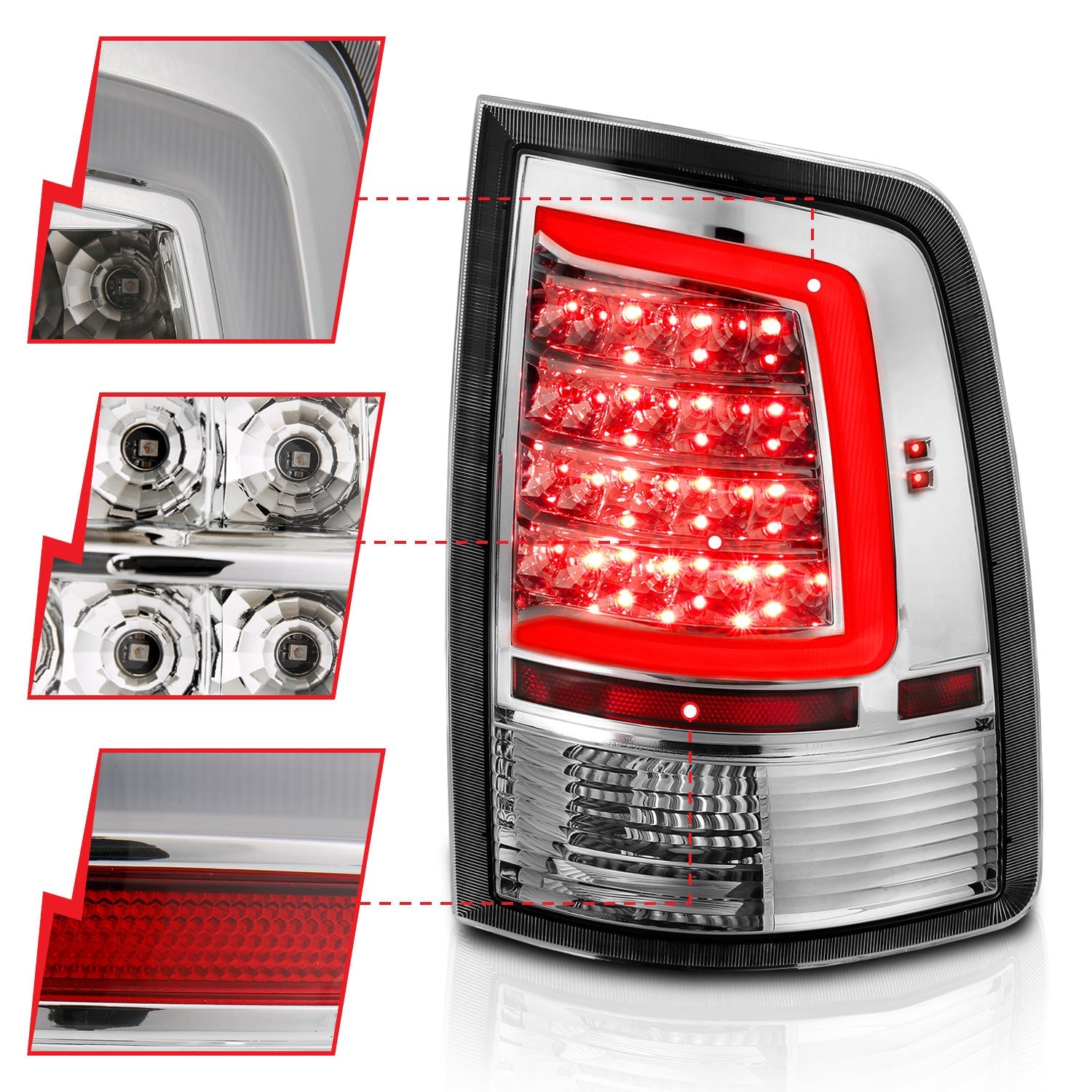 DODGE RAM 1500 09-18 / 2500 3500 10-18 LED C BAR TAIL LIGHTS CHROME (NOT FOR OE LED TAIL LIGHT MODELS)