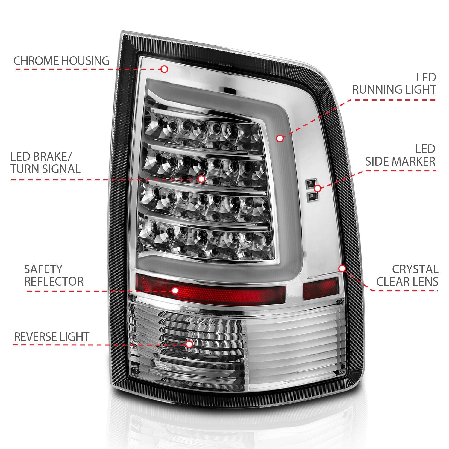 DODGE RAM 1500 09-18 / 2500 3500 10-18 LED C BAR TAIL LIGHTS CHROME (NOT FOR OE LED TAIL LIGHT MODELS)