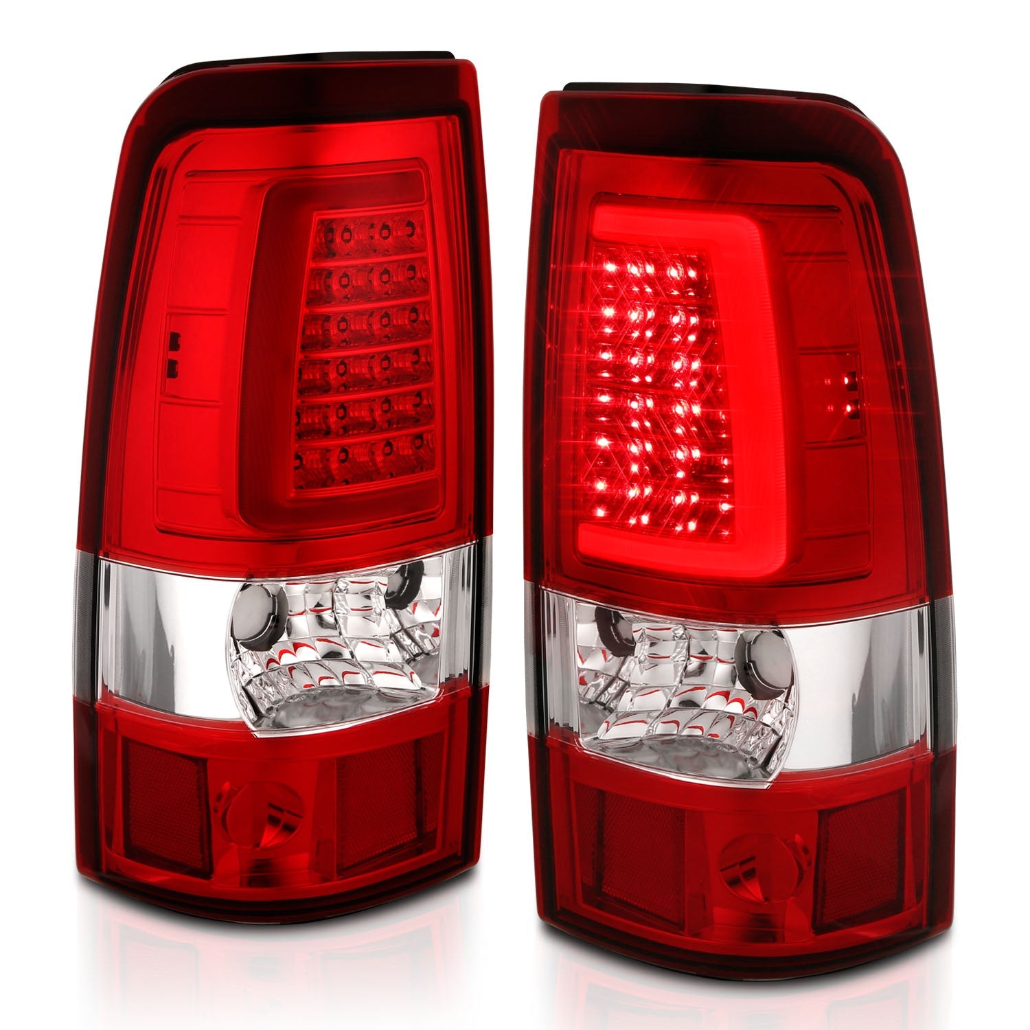 CHEVY SILVERADO 03-06 1500/2500/3500 / 07 SILVERADO CLASSIC LED C BAR STYLE TAIL LIGHTS CHROME RED LENS (SINGLE REAR WHEEL)