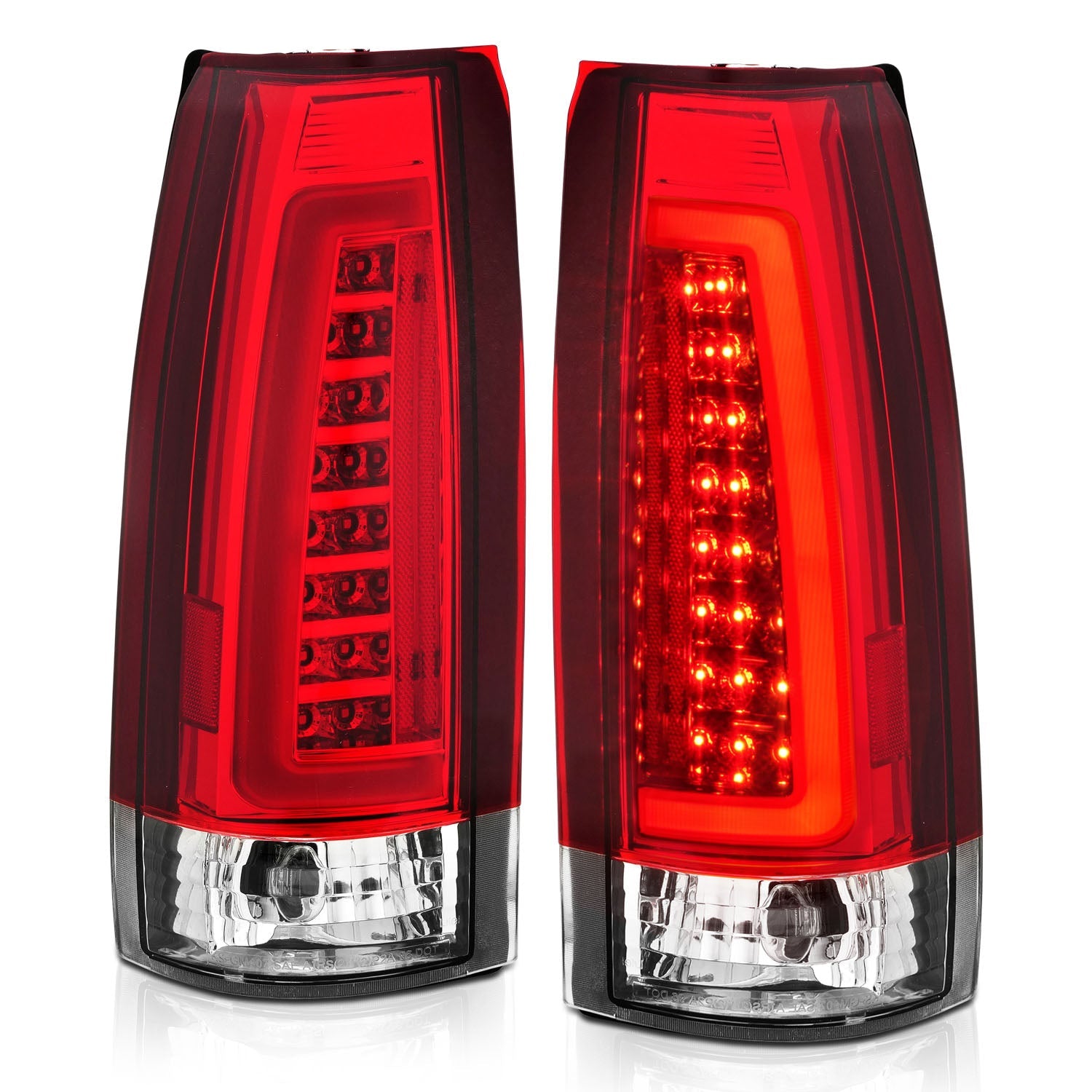 CHEVY/GMC C/K 1500/2500 88-98 / C/K 3500 88-00 / SUBURBAN 92-99 / TAHOE 95-99 / BLAZER (FULL SIZE) 92-94 / YUKON 92-99 / CADILLAC ESCALADE 99-00 LED C-BAR TAIL LIGHTS CHROME RED/CLEAR LENS