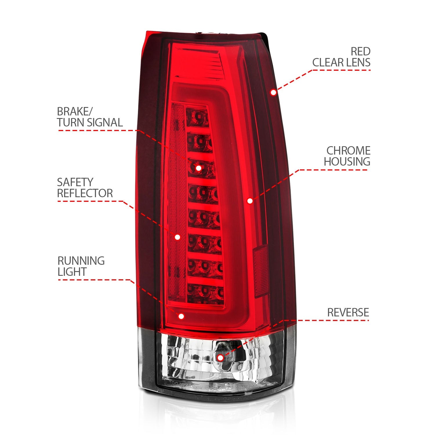 CHEVY/GMC C/K 1500/2500 88-98 / C/K 3500 88-00 / SUBURBAN 92-99 / TAHOE 95-99 / BLAZER (FULL SIZE) 92-94 / YUKON 92-99 / CADILLAC ESCALADE 99-00 LED C-BAR TAIL LIGHTS CHROME RED/CLEAR LENS
