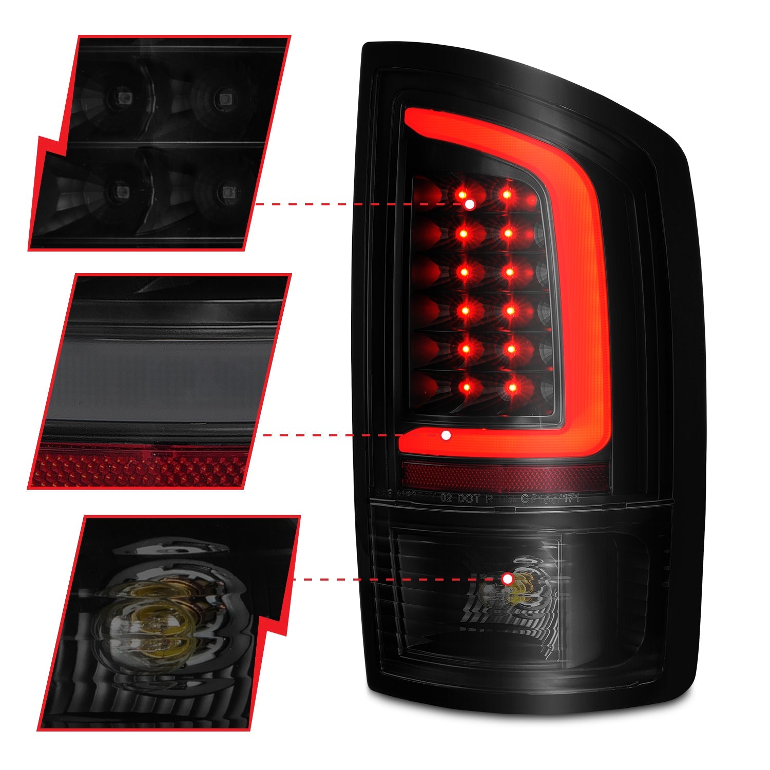 DODGE RAM 1500 02-06 / RAM 2500/3500 03-06 LED C BAR TAIL LIGHTS BLACK SMOKE LENS