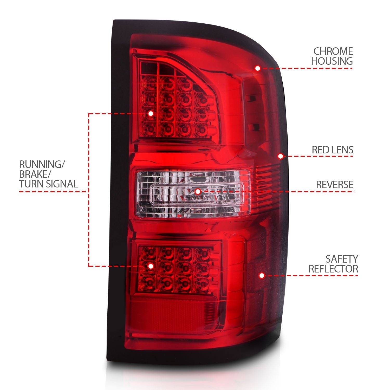 GMC SIERRA 1500 14-18 / 2500HD/3500HD 15-19 LED TAIL LIGHTS RED/CLEAR LENS CHROME (SINGLE REAR WHEEL)(NOT FOR OE FACTORY LED MODELS)